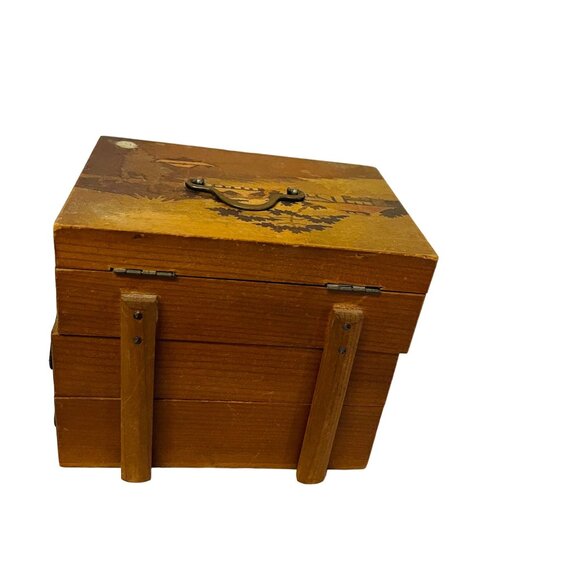 Vintage Wooden Expandable Sewing Box With Floral Design Hinged Lid 3 Tears 4 1/2 - Picture 3 of 11